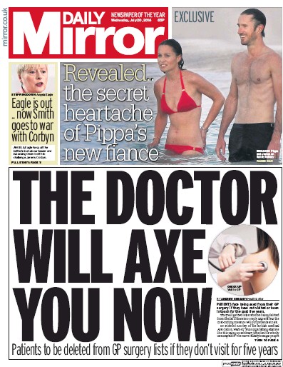 Daily Mirror Newspaper Front Page for 20 July 2016