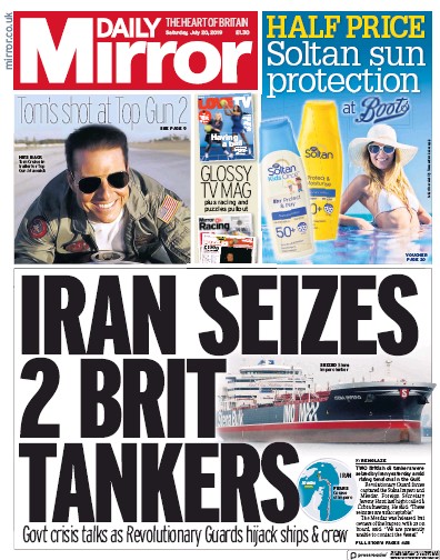 Daily Mirror Newspaper Front Page for 20 July 2019