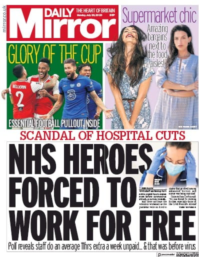 Daily Mirror Newspaper Front Page for 20 July 2020