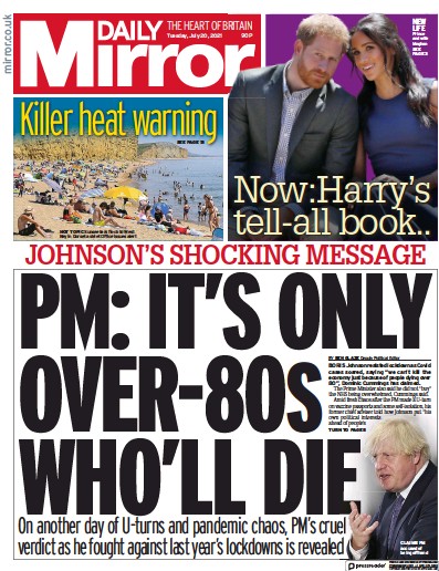 Daily Mirror (UK) Newspaper Front Page for 20 July 2021