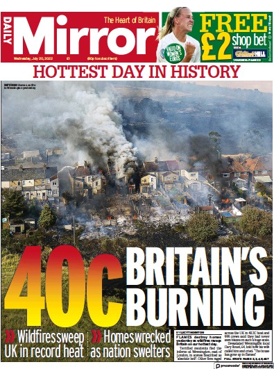 Daily Mirror Newspaper Front Page for 20 July 2022