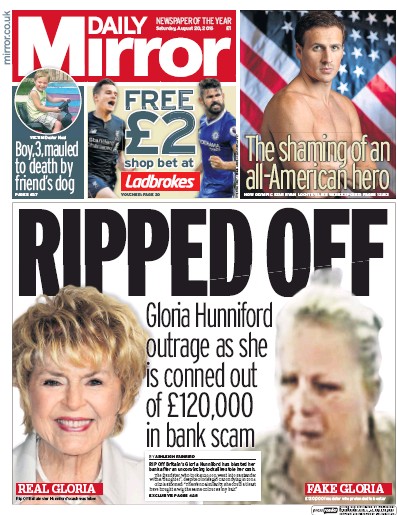 Daily Mirror Newspaper Front Page for 20 August 2016
