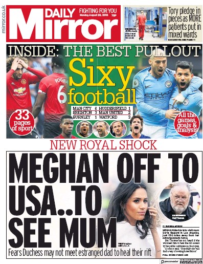 Daily Mirror Newspaper Front Page for 20 August 2018