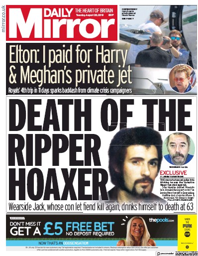 Daily Mirror Newspaper Front Page for 20 August 2019