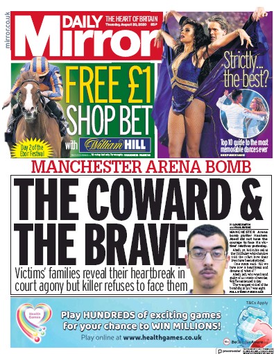 Daily Mirror Newspaper Front Page for 20 August 2020