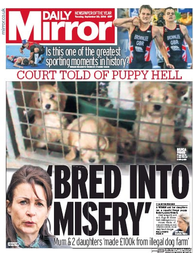 Daily Mirror Newspaper Front Page for 20 September 2016