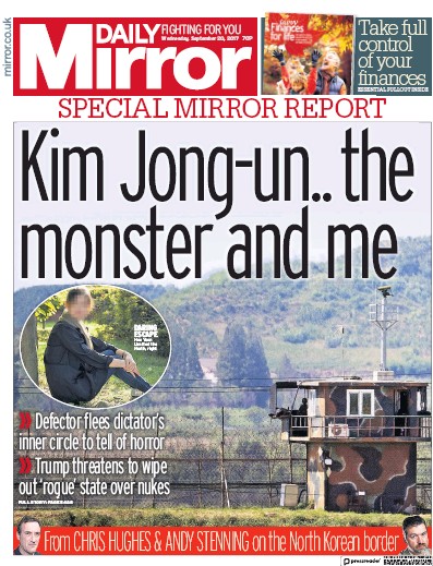 Daily Mirror (UK) Newspaper Front Page for 20 September 2017