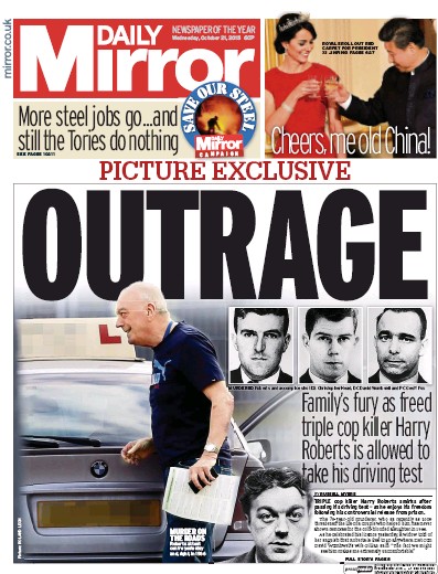 Daily Mirror Newspaper Front Page for 21 October 2015