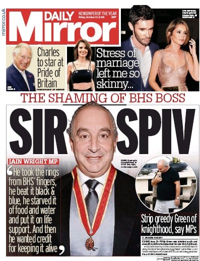 Daily Mirror Newspaper Front Page for 21 October 2016