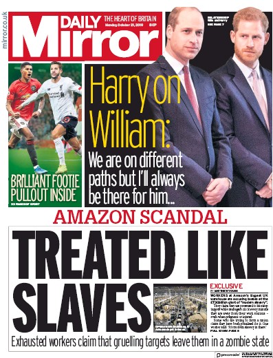 Daily Mirror (UK) Newspaper Front Page for 21 October 2019