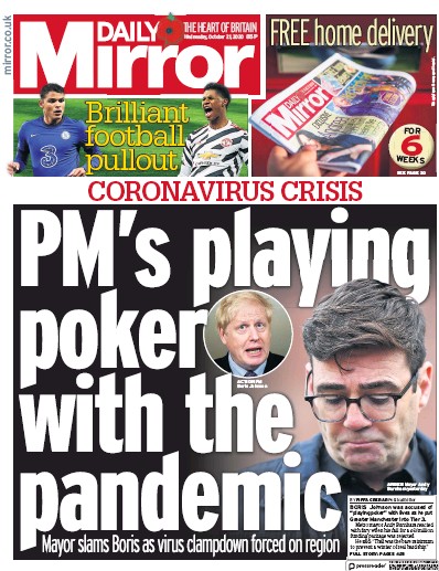 Daily Mirror Newspaper Front Page for 21 October 2020