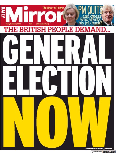 Daily Mirror Newspaper Front Page for 21 October 2022