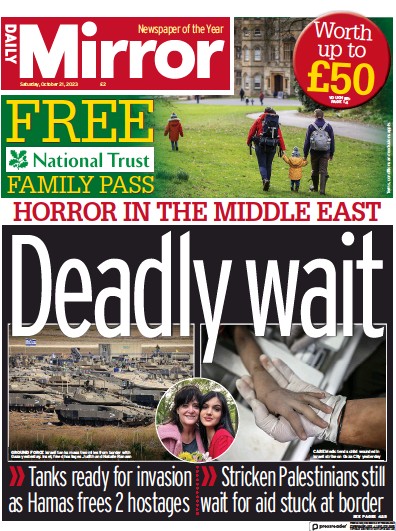 Daily Mirror (UK) Newspaper Front Page for 21 October 2023