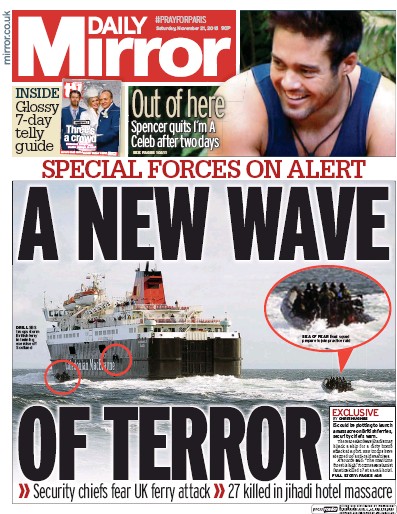 Daily Mirror (UK) Newspaper Front Page for 21 November 2015