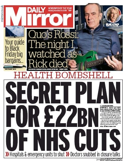 Daily Mirror Newspaper Front Page for 21 November 2016