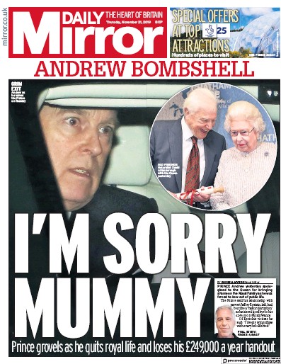 Daily Mirror Newspaper Front Page for 21 November 2019