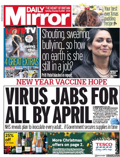 Daily Mirror Newspaper Front Page for 21 November 2020