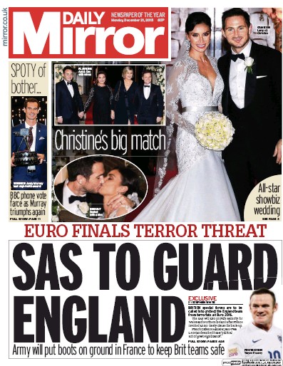 Daily Mirror Newspaper Front Page for 21 December 2015