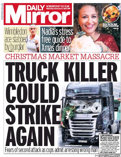 Daily Mirror Newspaper Front Page for 21 December 2016