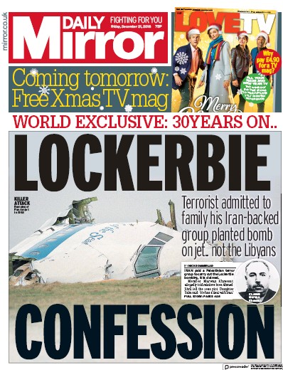 Daily Mirror (UK) Newspaper Front Page for 21 December 2018