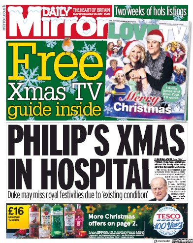 Daily Mirror Newspaper Front Page for 21 December 2019