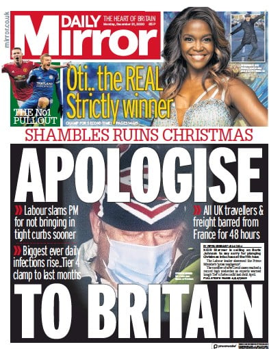 Daily Mirror Newspaper Front Page for 21 December 2020