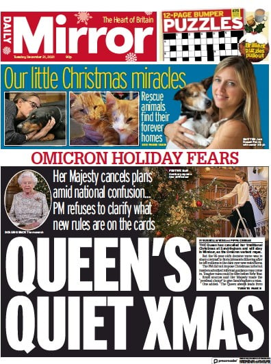 Daily Mirror (UK) Newspaper Front Page for 21 December 2021
