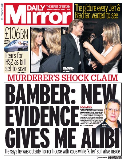 Daily Mirror Newspaper Front Page for 21 January 2020