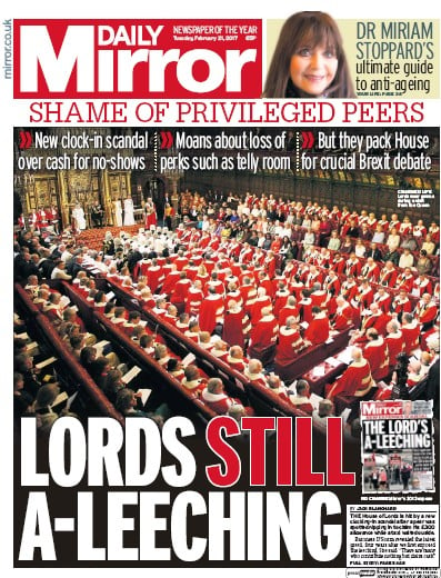 Daily Mirror (UK) Newspaper Front Page for 21 February 2017