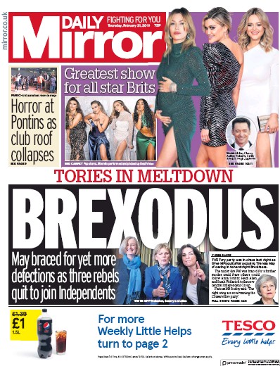Daily Mirror Newspaper Front Page for 21 February 2019