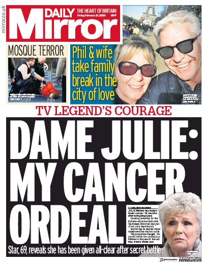 Daily Mirror Newspaper Front Page for 21 February 2020