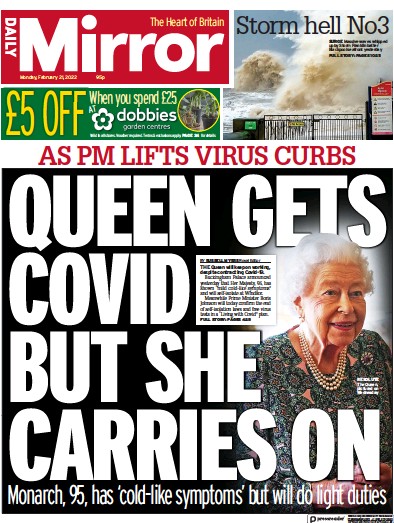 Daily Mirror Newspaper Front Page for 21 February 2022