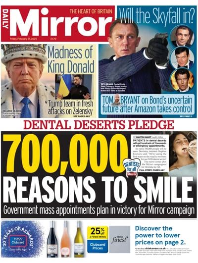 Daily Mirror (UK) Newspaper Front Page for 21 February 2025