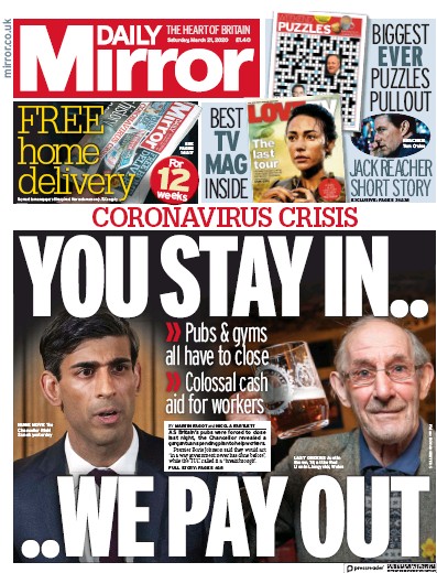 Daily Mirror Newspaper Front Page for 21 March 2020