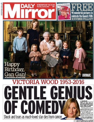 Daily Mirror Newspaper Front Page for 21 April 2016