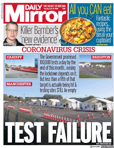 Daily Mirror Newspaper Front Page for 21 April 2020