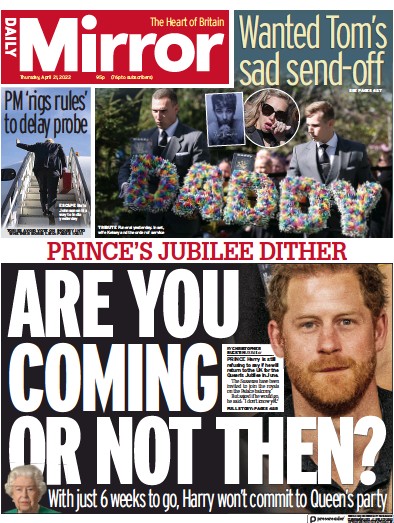Daily Mirror Newspaper Front Page for 21 April 2022