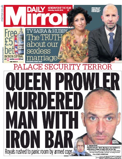 Daily Mirror Newspaper Front Page for 21 May 2016