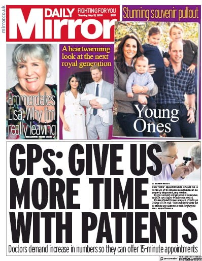 Daily Mirror Newspaper Front Page for 21 May 2019