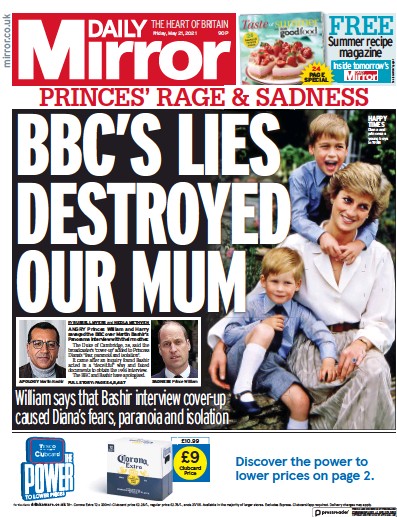 Daily Mirror Newspaper Front Page for 21 May 2021