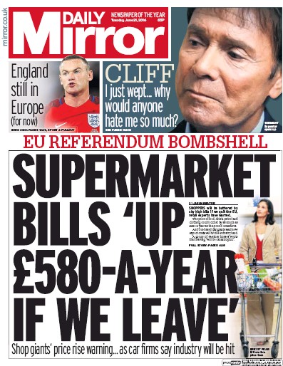 Daily Mirror (UK) Newspaper Front Page for 21 June 2016