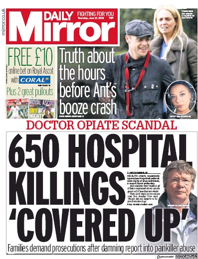 Daily Mirror Newspaper Front Page for 21 June 2018
