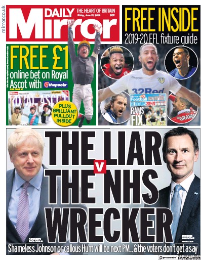 Daily Mirror Newspaper Front Page for 21 June 2019