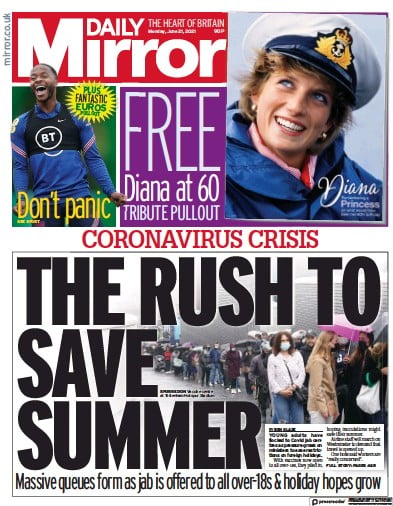 Daily Mirror (UK) Newspaper Front Page for 21 June 2021