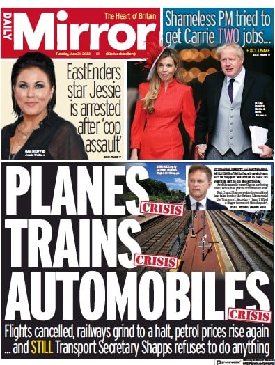 Daily Mirror (UK) Newspaper Front Page for 21 June 2022