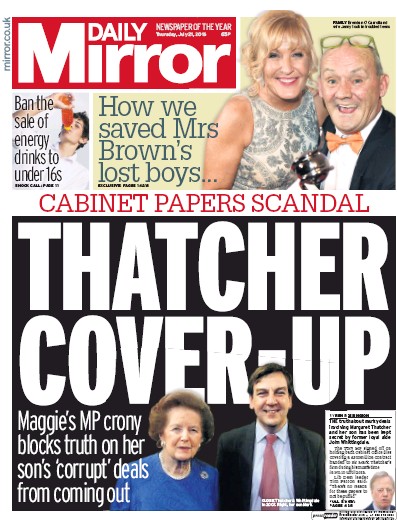 Daily Mirror Newspaper Front Page for 21 July 2016