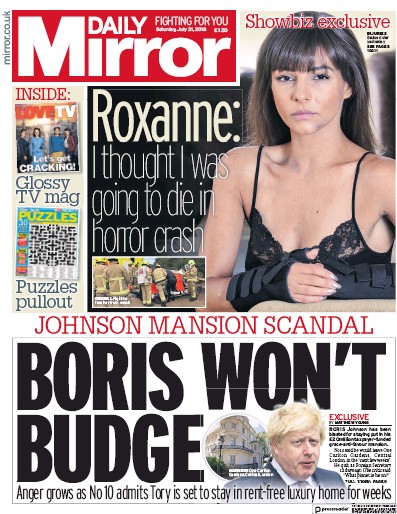 Daily Mirror Newspaper Front Page for 21 July 2018