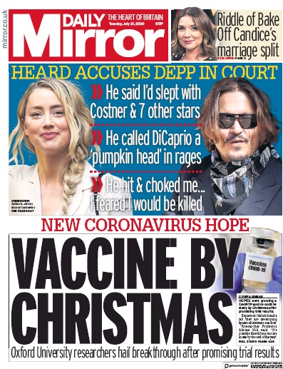 Daily Mirror Newspaper Front Page for 21 July 2020