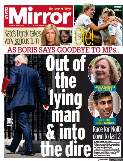 Daily Mirror Newspaper Front Page for 21 July 2022
