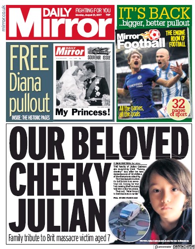 Daily Mirror Newspaper Front Page for 21 August 2017